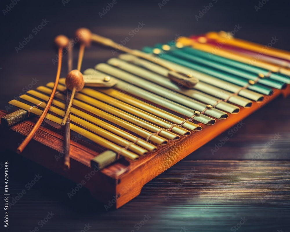 Naklejka premium Colorful xylophone on a dark wooden surface.