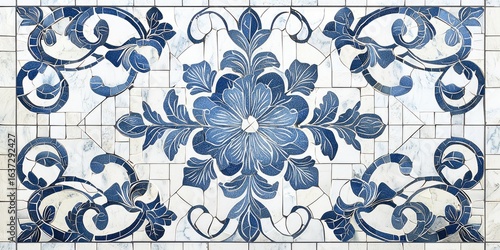 Filigree-style blue patterns on white mosaic background in Victorian style Stock photo