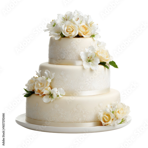 Elegant tiered wedding cake adorned with delicate white floral arrangements image, Isolated On White, Png Transparent, Cut Out
