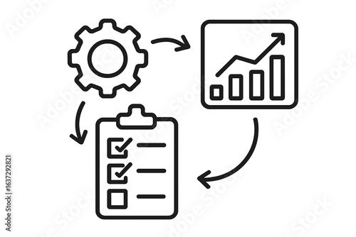 Business process flowchart with checklist, gear, and growth chart workflow reporting icons