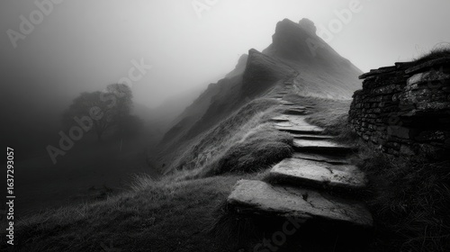 Fototapeta Naklejka Na Ścianę i Meble -  Misty Mountain Path Black and White