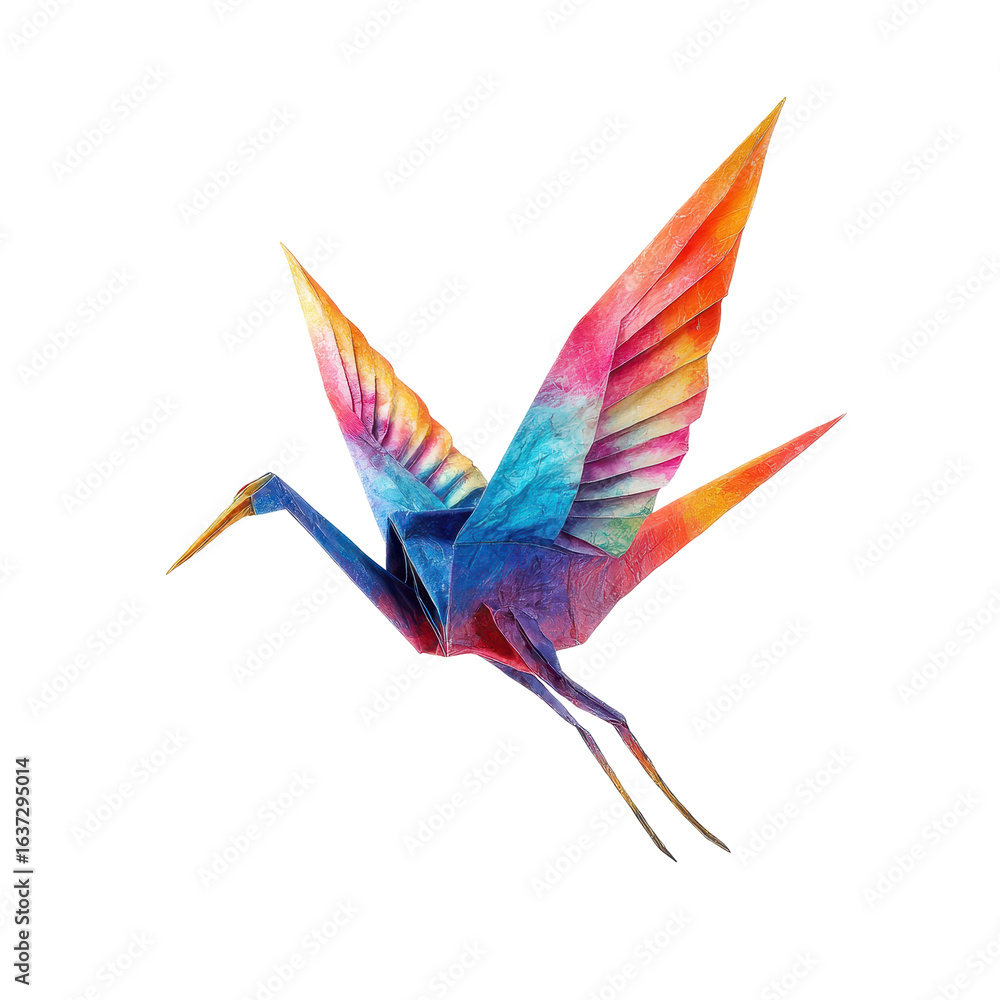 Obraz premium Colorful origami crane in mid-flight showcasing intricate paper folding techniques