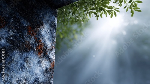 Wallpaper Mural Textured dark rock against soft fog and bright sunbeams filtering through green leaves Torontodigital.ca