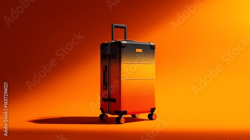 Rolling Suitcase in Orange Gradient Stands Alone in Studio, Casting Shadow