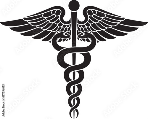 Black medical caduceus vector silhouette with intricate details on a white background