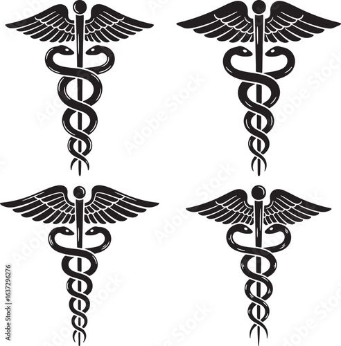 Vector set of four black medical caduceus symbols on a white background