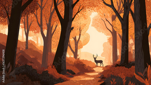 Autumn Deer Forest Path Sunrise.