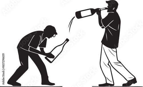 Silhouette of Men Drinking and Pouring Alcohol Bottle Vector Illustration