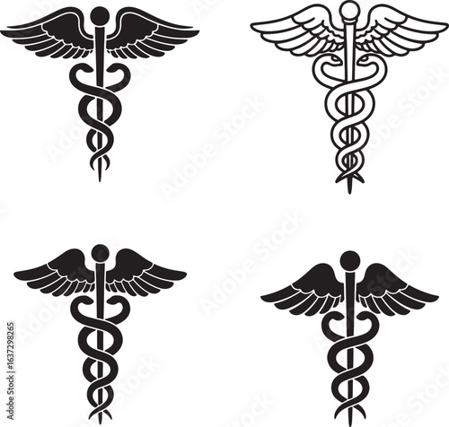 Vector set of four black and white medical caduceus symbols on a white background