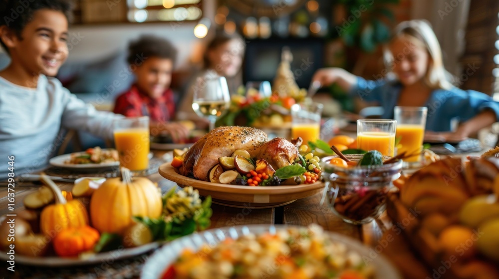 Obraz premium Thanksgiving table full of food and happy family stock photo --ar 16:9 --raw --v 6 Job ID: 3b5d00ee-4b87-4cf9-a56b-259accbc00f3