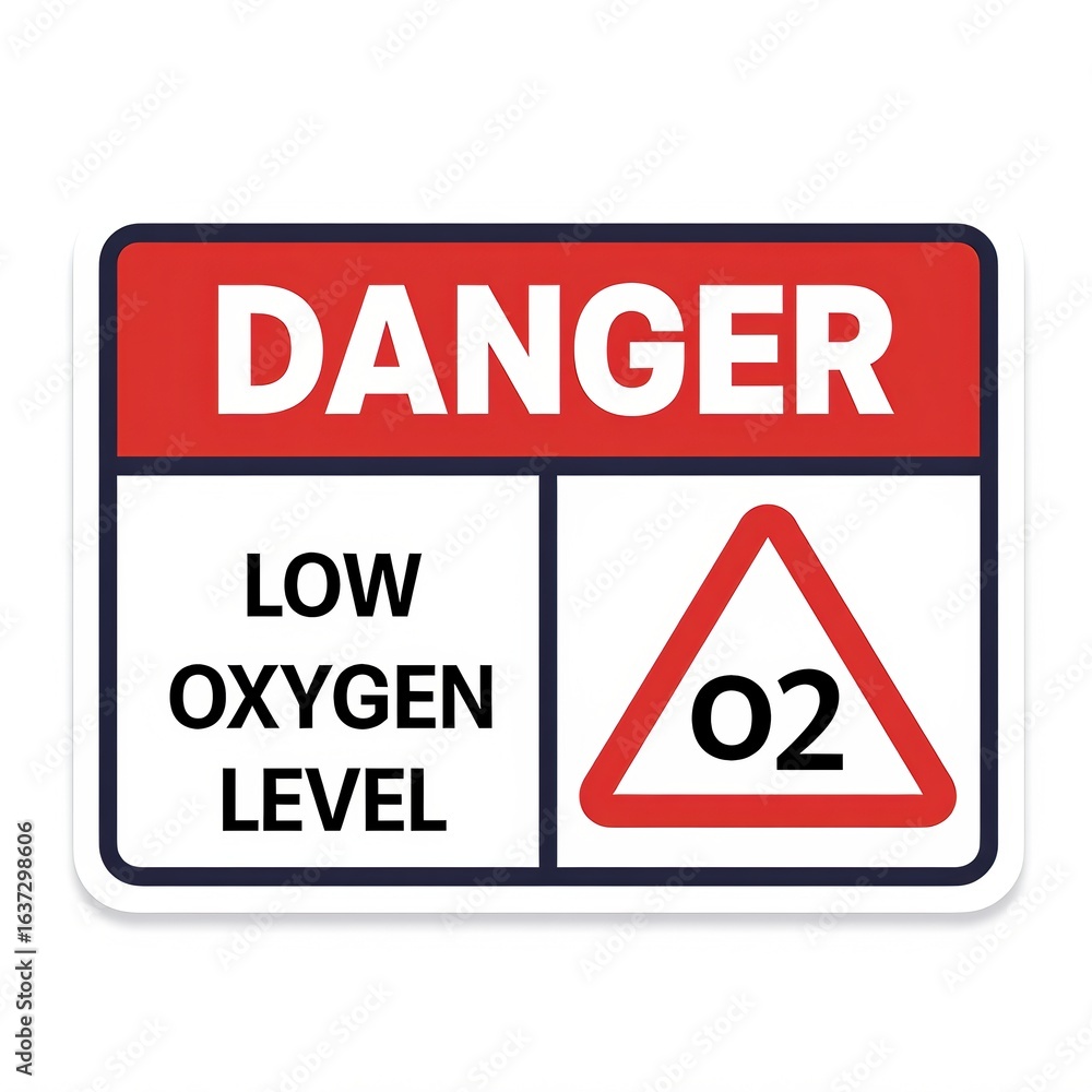 A warning sign indicating a danger due to low oxygen levels, featuring bold text and a caution triangle symbol with the oxygen chemical formula A warning sign indicating a danger due to low oxygen levels, featuring bold text and a caution triangle symbol with the oxygen chemical formula
