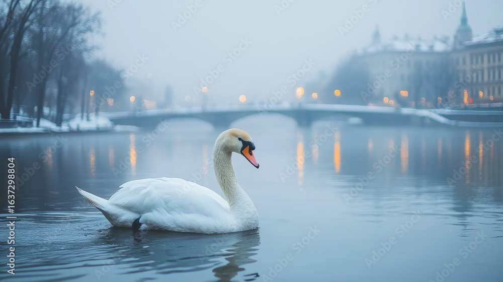 Fototapeta premium A White Swan Swim In The River, Krakow