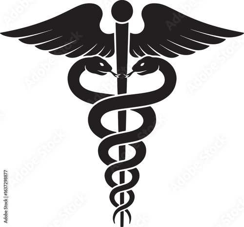 Black and white medical caduceus symbol vector silhouette with two snakes and wings