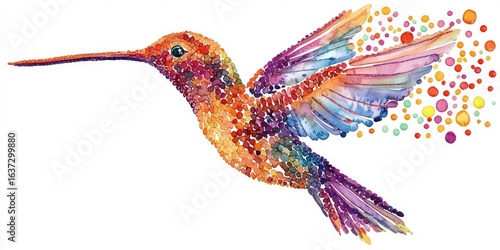 Stitched embroidery hummingbird with floating illusion, bright color palette on white fabric Stock photo