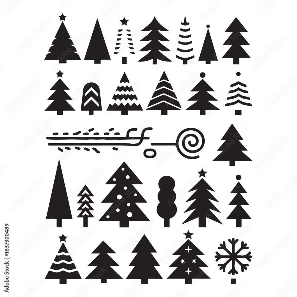 Obraz premium A collection of 60 minimalist black Christmas tree silhouettes on white background. 