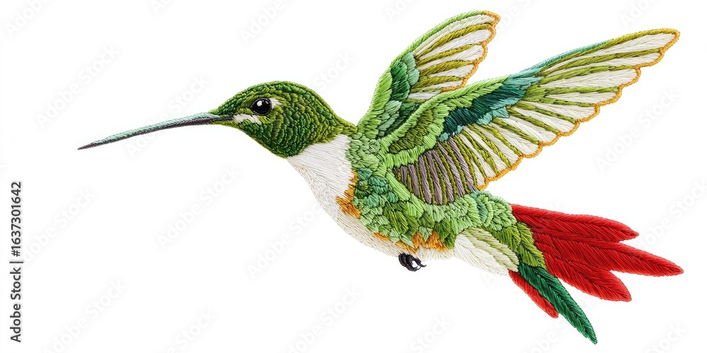 Obraz premium White background embroidery art of a hovering hummingbird with bright green feathers and red tail Stock photo