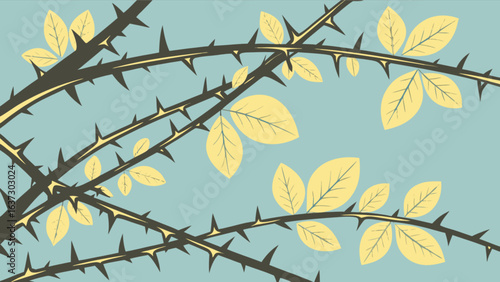 Thorny rose branch illustration with leaves and thorns vector art background for graphic design projects