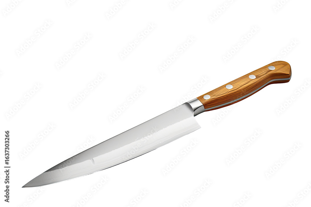 A chef's knife, angled, with a light brown wooden handle and a metallic blade A chef's knife, angled, with a light brown wooden handle and a metallic blade