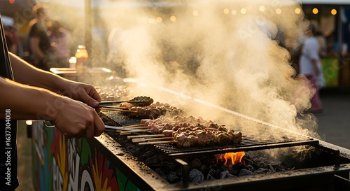 Grilling Shish Kebab on Charcoal Grill