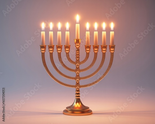 A golden menorah with nine lit candles stands in a warm, glowing light. The candles are burning brightly, casting a soft illumination. 