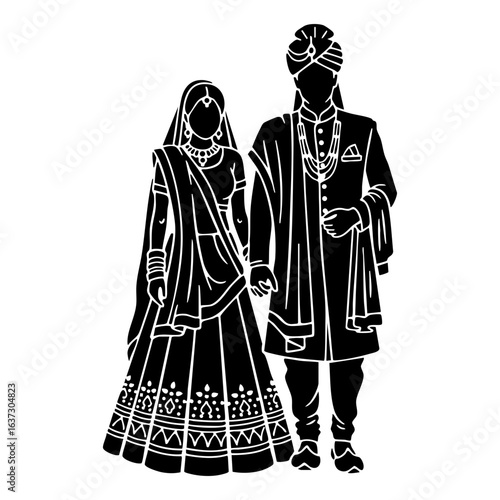  North Indian Hindu Wedding Couple Vector - Lehenga Sherwani Traditional Bridal Logo