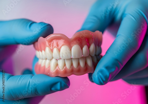 Close up of complete dentures held in hands with medical gloves for dental treatment