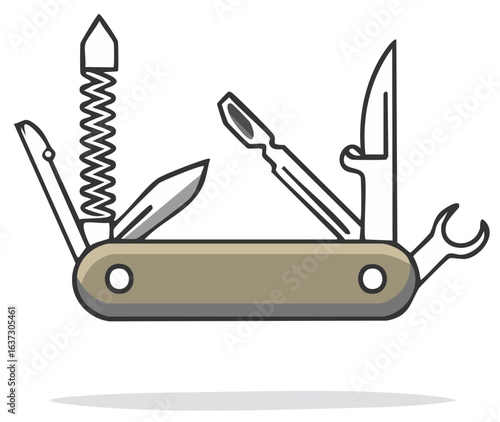 Multi tool pocket knife with opened blades and tools including a knife screwdriver and wrench