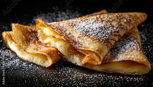 Two golden-brown, folded crepes dusted with powdered sugar