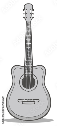Acoustic guitar with cutaway body and six strings shown in simple illustration style