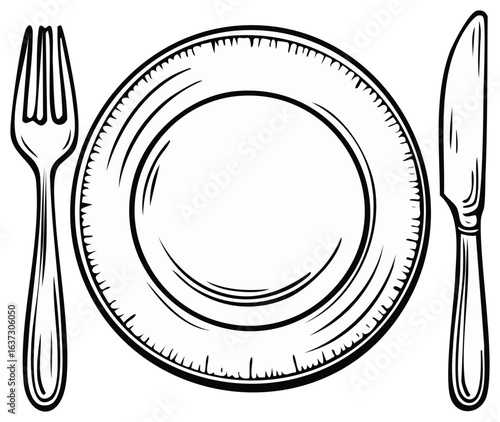 Elegant Hand-Drawn Dinner Place Setting: Knife, Fork, Plate Illustration