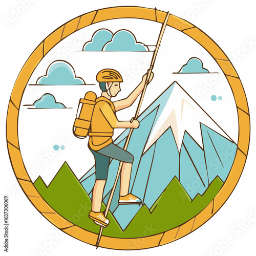 Illustrated adventurer climbing a mountain inside a round frame.