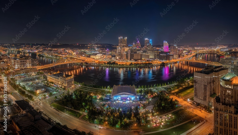 Fototapeta premium City skyline at night, with river and park