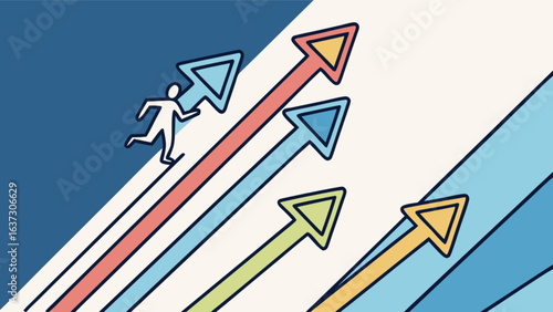 Business growth strategy success concept with upward arrows and running man for career development goals