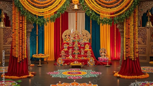 Ornate Hindu altar decorated for a festival like Diwali or Navaratri. Traditional Indian shrine with Golu dolls, marigold garlands, rangoli, and diyas.