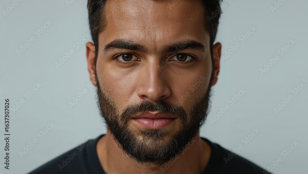 Obraz premium Gazing Intently: A headshot of a handsome man with deep brown eyes, the photograph emphasizes the depth of thought and emotion, capturing the strength of a stare.
