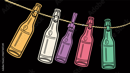Colorful beer bottles hanging on a rope clip art illustration for brewery bar pub and restaurant design vector