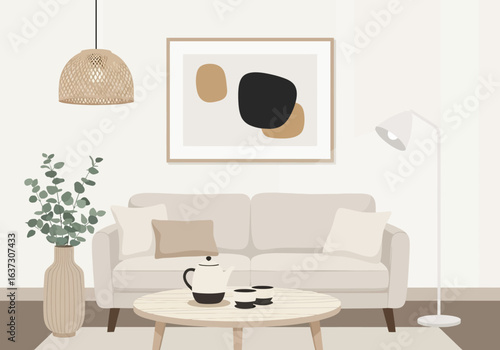 cozy living room in a flat stylized illustration with a pale cream couch and a minimalist print.