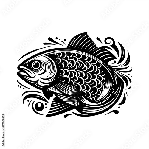 Stylized black and white fish illustration with flowing water elements