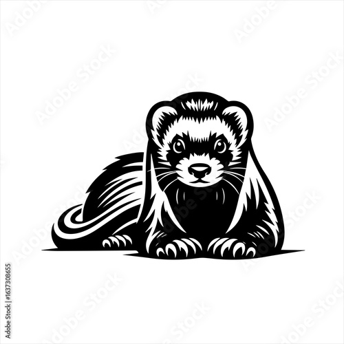 Black and white illustration of a cute ferret lying down