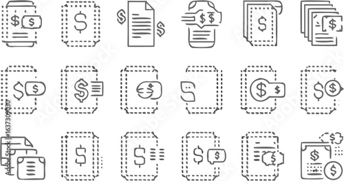 Illustration showing multiple variations of dollar symbols on documents and receipts in a line art style design silhouette