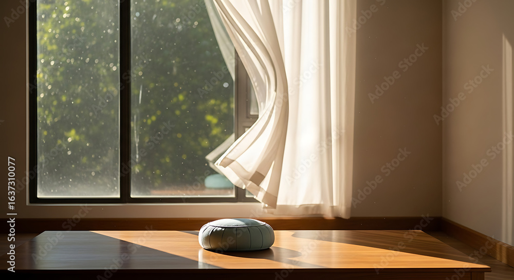 Fototapeta premium A round pleated grayblue zafu meditation cushion resting in a sunlit spot evoking tranquility and mindfulness.