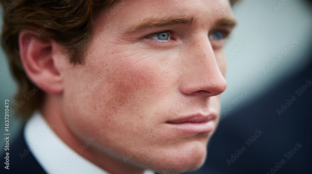 Obraz premium Close up profile of a young man with fair skin blue eyes and light brown hair