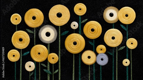 Textured golden and silver circular floral shapes with black centers on stems against a dotted black background