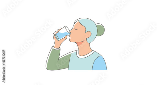 Woman Drinking Water: Hydration and Wellness Illustration