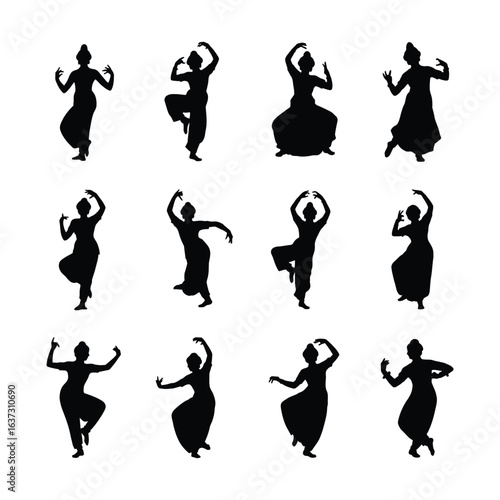 Collection of silhouettes of indian classical dancers in various poses