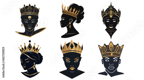 Elegant black and gold logo design featuring an African queen wearing ornate jewelry, highlighting regal beauty, cultural heritage, luxury branding, and sophisticated minimalist aesthetics for premium