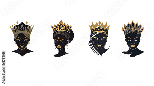 Elegant black and gold logo design featuring an African queen wearing ornate jewelry, highlighting regal beauty, cultural heritage, luxury branding, and sophisticated minimalist aesthetics for premium