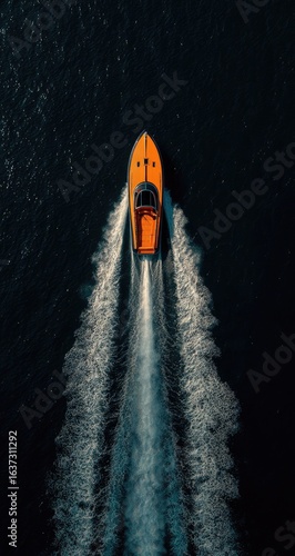 High-angle view of a bright orange speedboat cutting through dark water