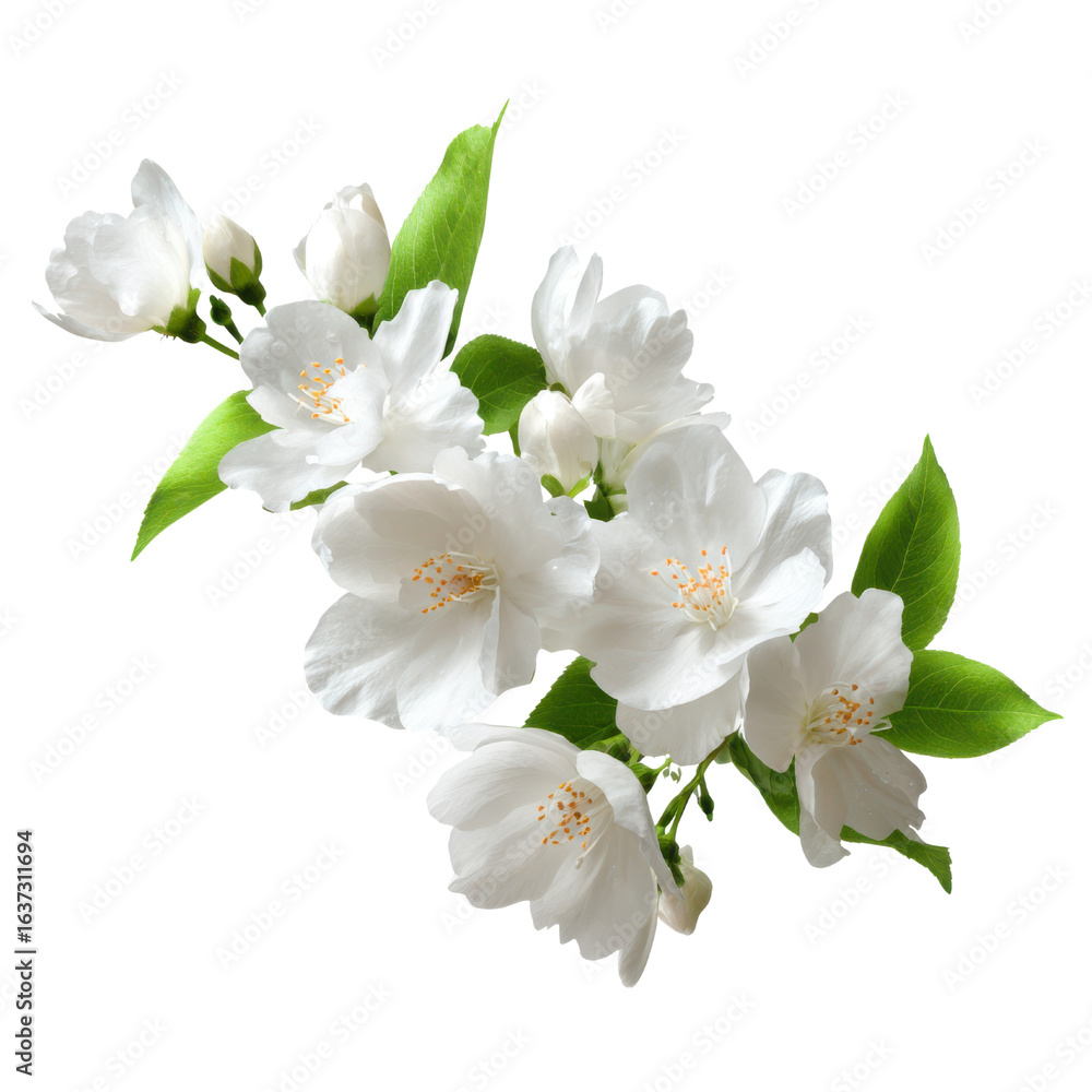 Obraz premium Delicate white jasmine blossoms with green leaves on black flowers, Isolated On White, Png Transparent, Cut Out