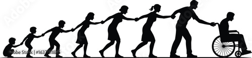 Life stages evolution from childhood to old age with generational connection, growth, family care, support, wheelchair assistance, flat vector illustration